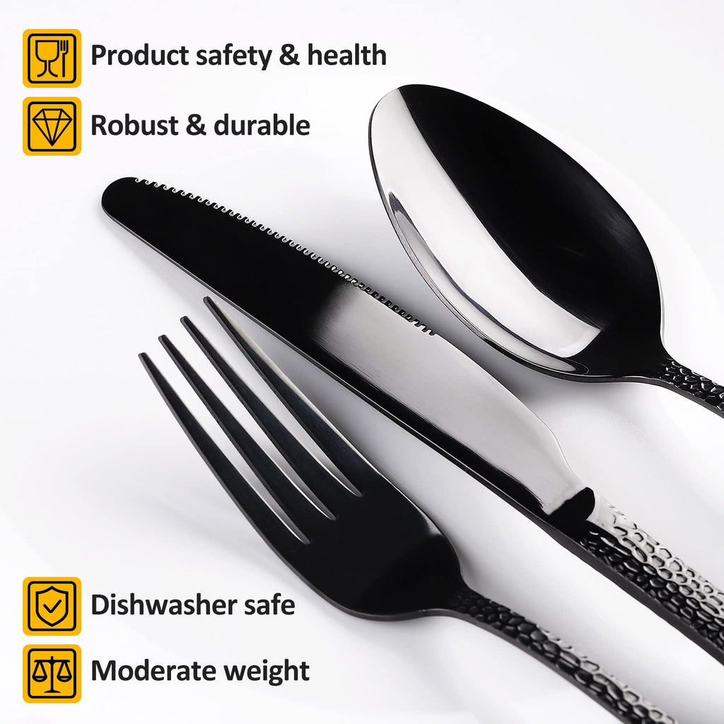 40 Piece Forged Black Flatware Set for 8 Stainless Steel Heavy Hammered Silverware Fine Dining Utensils Tableware