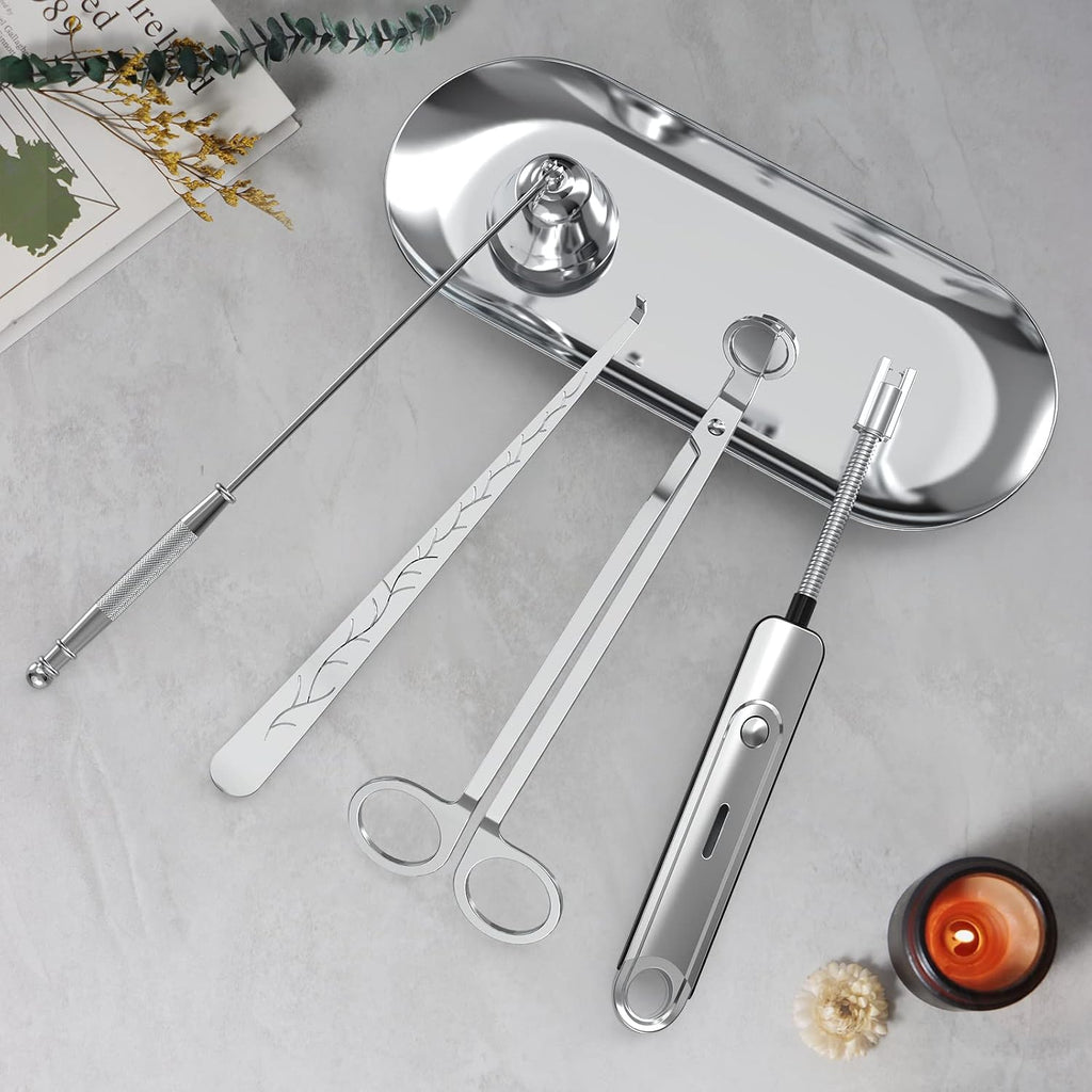 Candle Accessory Set with Rechargeable Electric Lighter, Storage Tray, Wick Trimmer, Snuffer, Dipper - Stainless - Set of 5