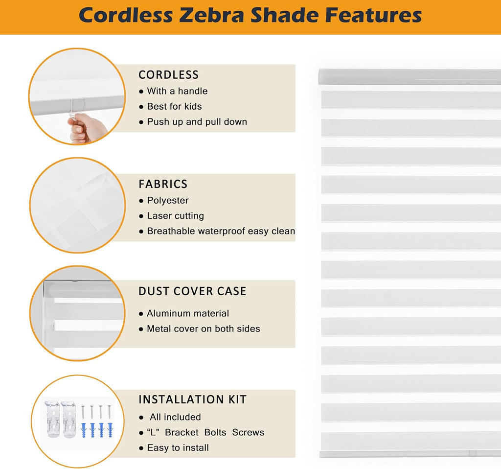Cordless Zebra Blinds for Indoor Windows Free-Stop Zebra Shades Dual Layer Light Filtering Sheer Shades Roller Window