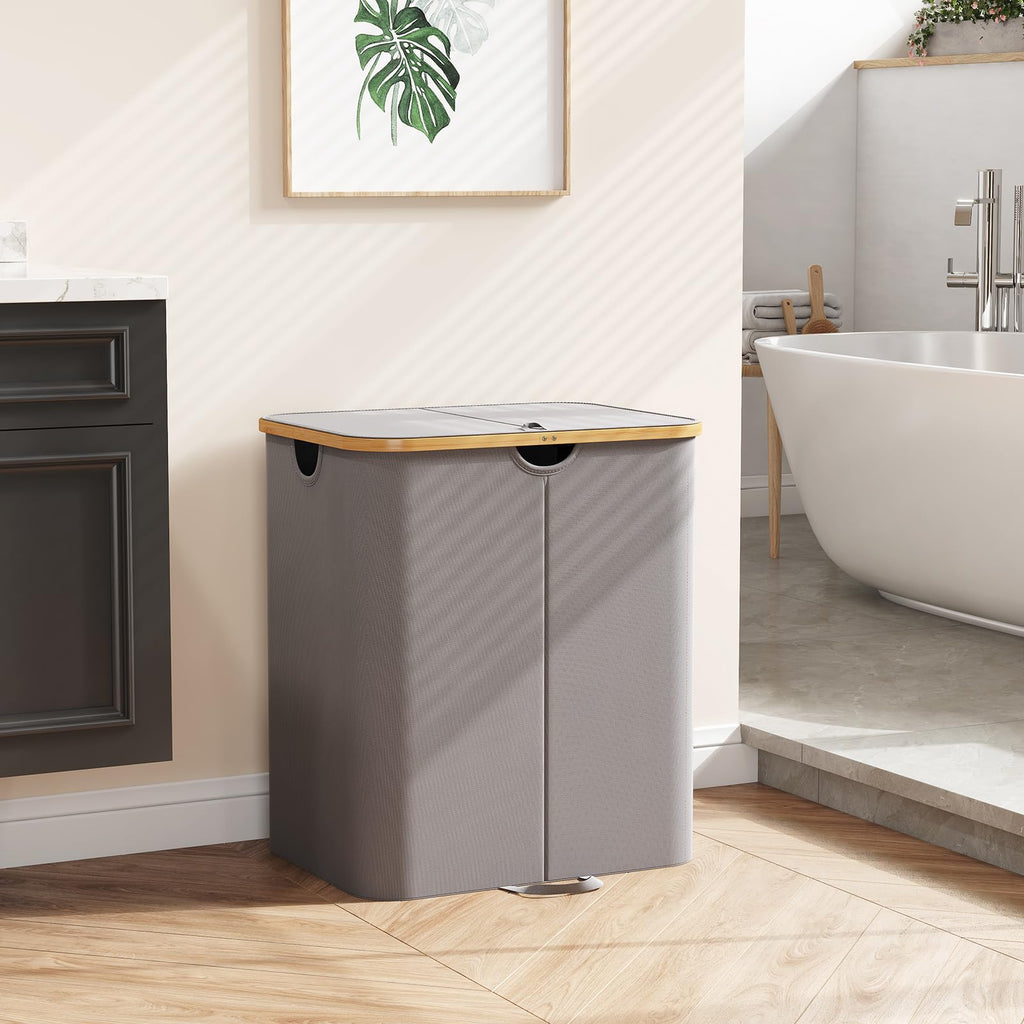 120L Double Laundry Hamper with Lid and Removable Bag, Gray