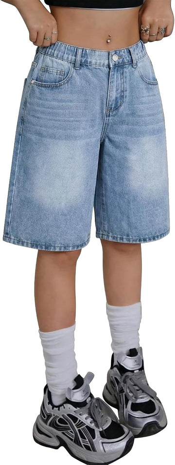 Girls Jean Shorts High Waisted Wide Leg Baggy Denim Shorts for Teen Trendy Y2k Vintage Bermuda Jorts