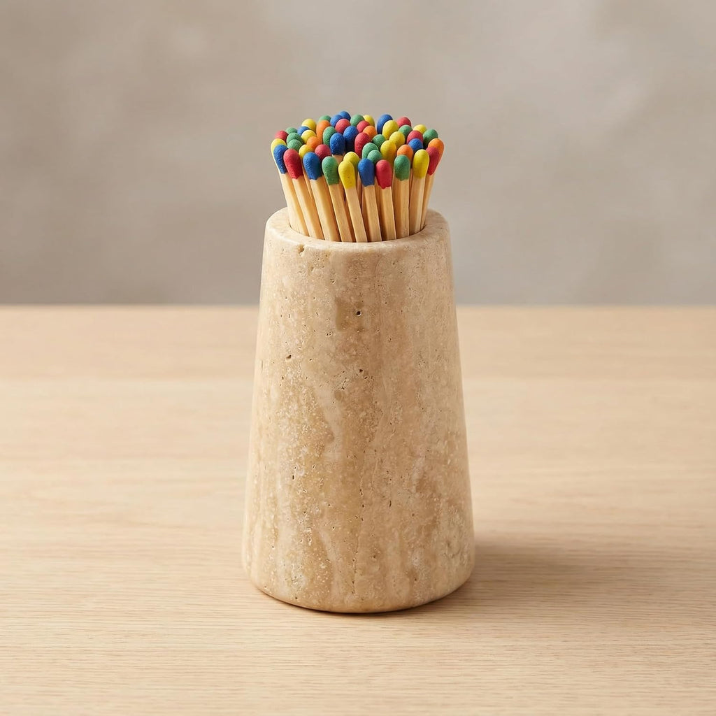 Natural Travertine Incense Match Holder with Striker - Large 3.93" Handmade Matchstick Jar for Candle, Fireplace