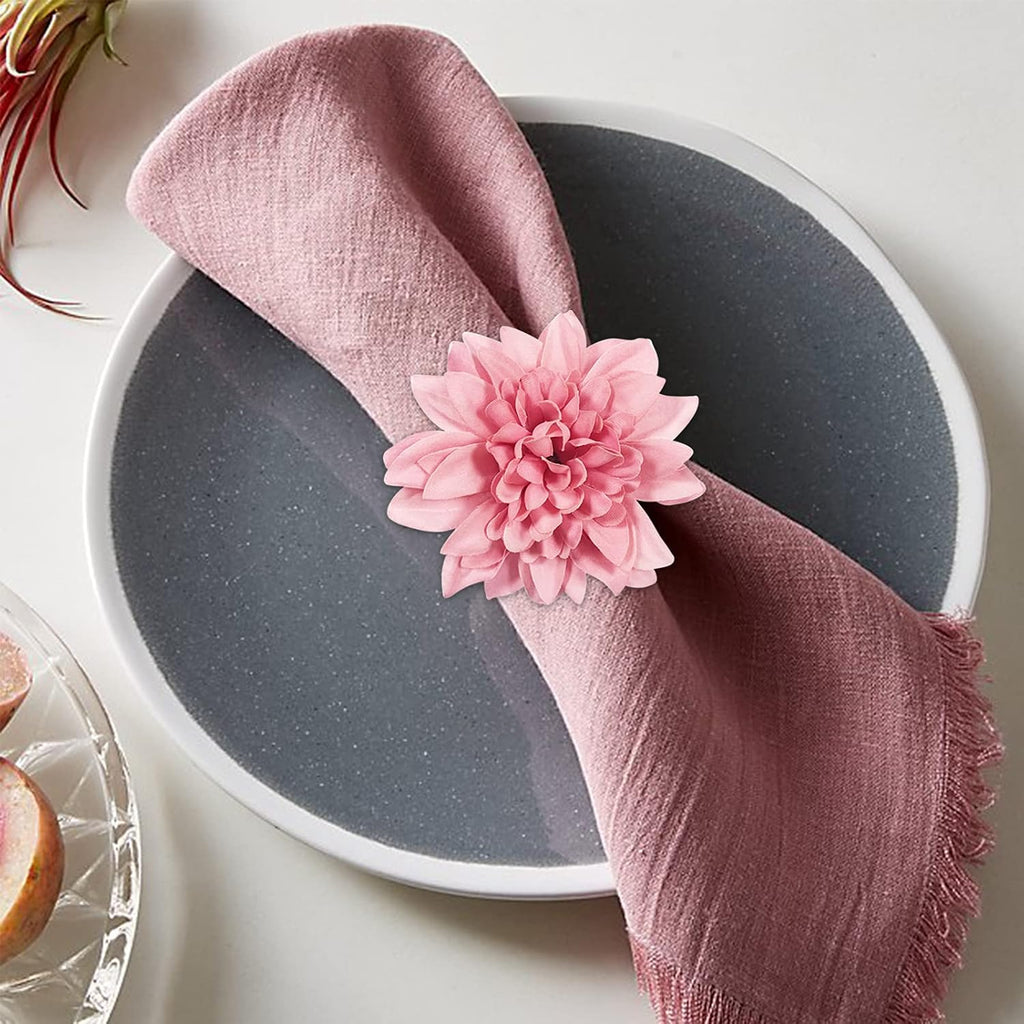 Farmhouse Flower Napkin Rings, Faux Pink Dahlia Napkin Ring, Natural Serviette Buckles Holder for Gift,Table - Set of 8