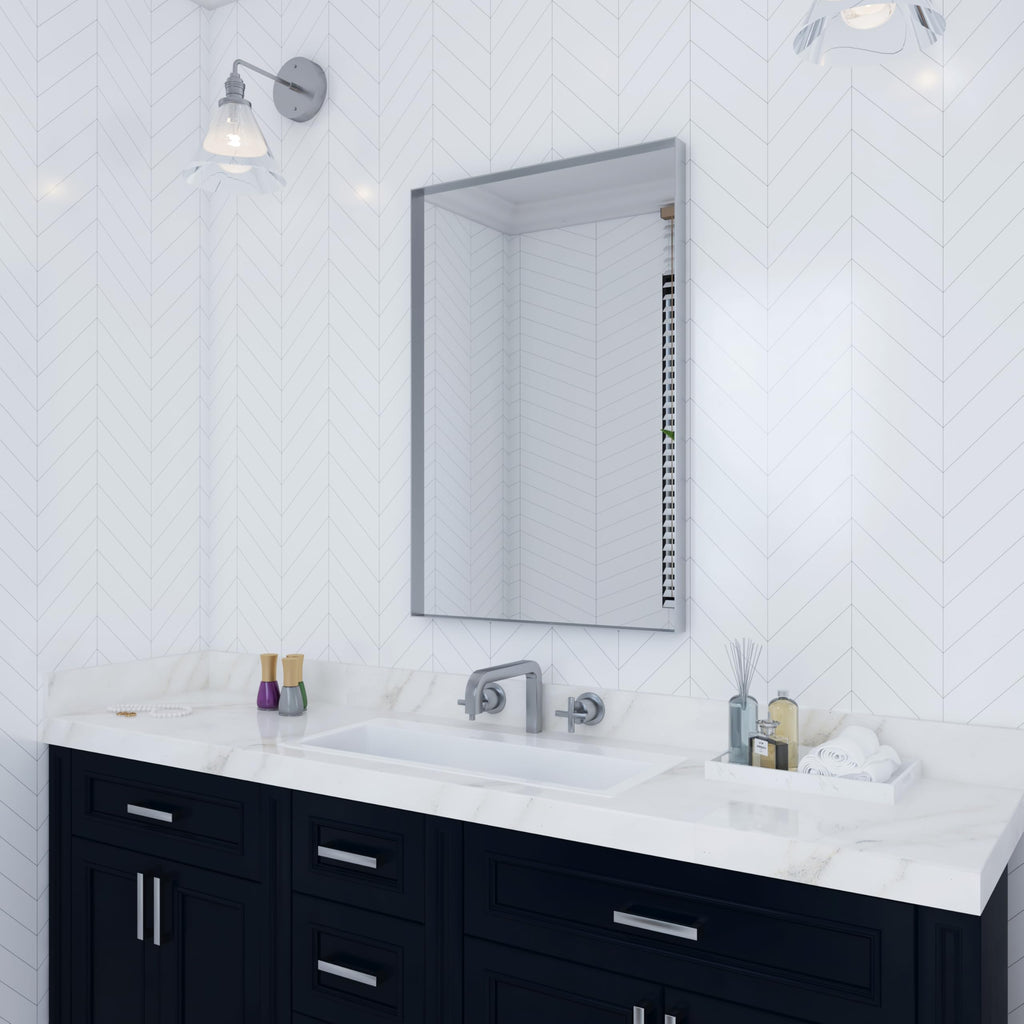 Silver Bathroom Mirror for Wall, 24 x 32 Inch Rounded Rectangle Nickel Metal Framed Bathroom Vanity Mirrors, 1/4-inch