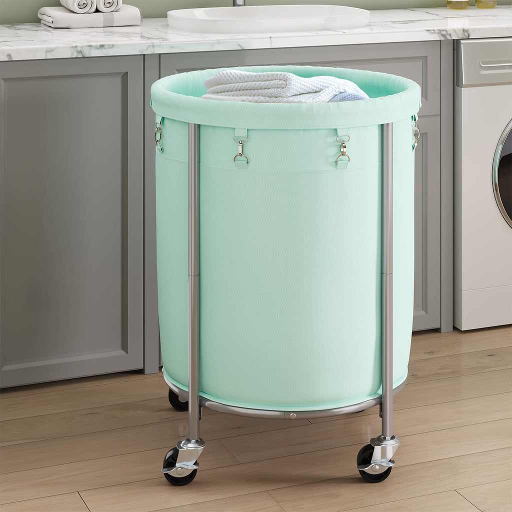 Laundry Basket with Wheels, Round Rolling Laundry Hamper, Mint Green