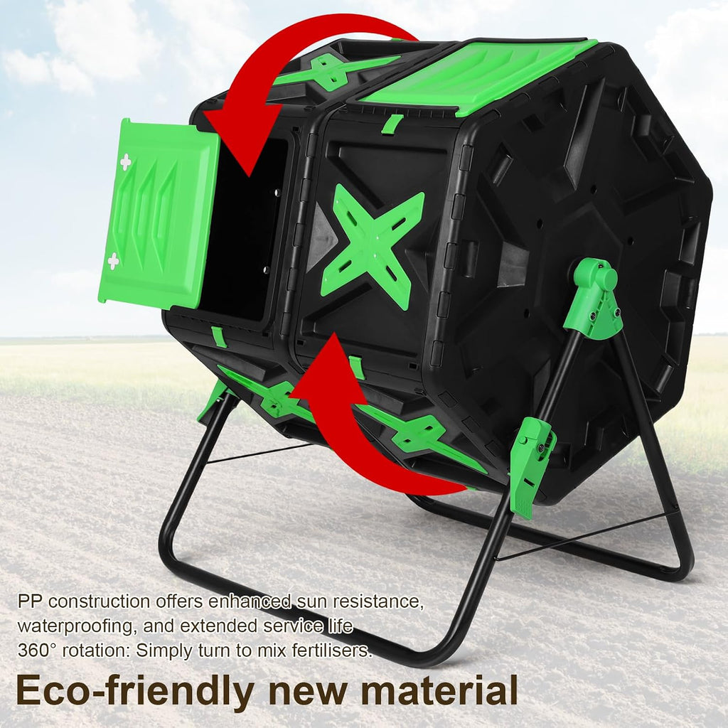 140L Dual Chamber Outdoor Tumbling Composting Bins with Sliding Door 360 | Large Compost Bin with Rotating Dual