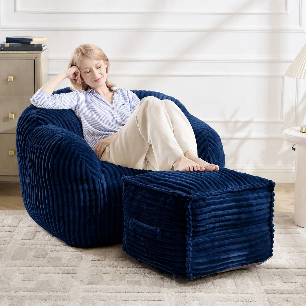 Square Stuffed Pouf Ottoman with Foam Chunk Filling, Navy