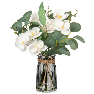 White Orchids Artificial Flowers with Vase Fake Flower in Vase Artificial Eucalyptus Stems in Glass Vases with Faux
