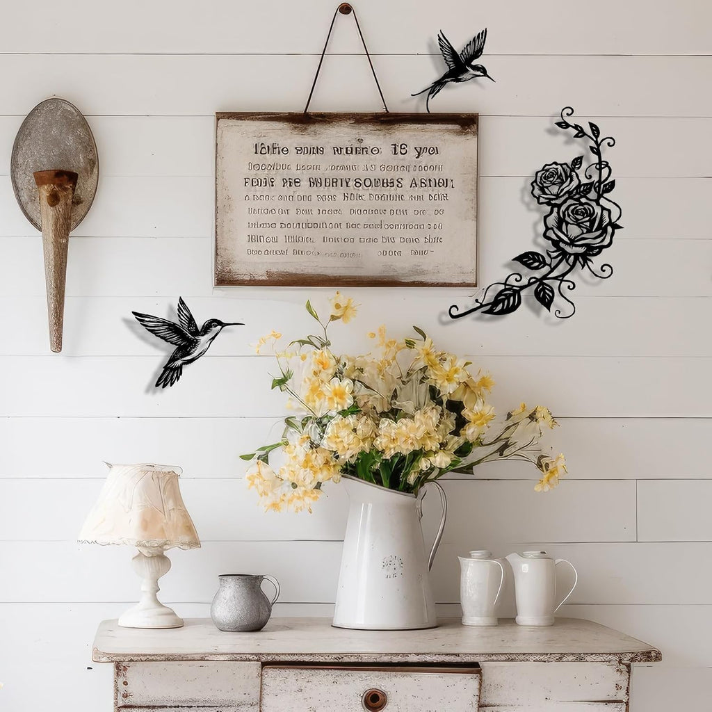 Flowers and Birds Metal Wall Art Black Hummingbird Rose for Modern Farmhouse Living Room Bedroom Bathroom - Set of 3