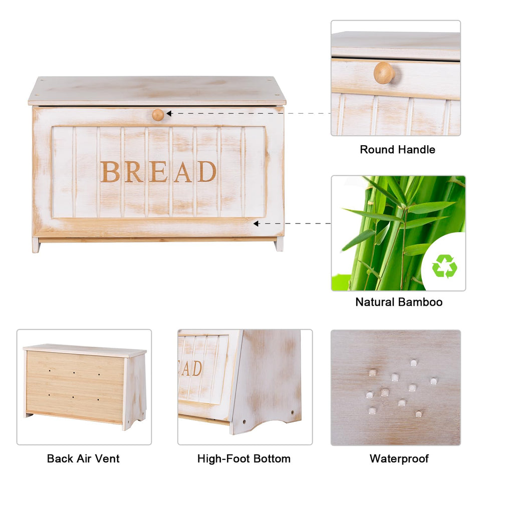 Bread Box - Vintage Wood Counter, Food Storage Bin,White
