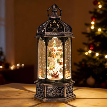 Lighted Musical Christmas Snow Globe Lantern, 12.99" Rotating Santa Village Scene with Swirling Snow, 8 Songs, 6H