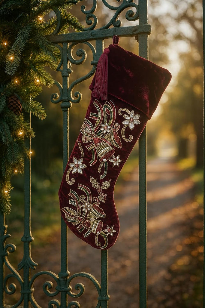 Christmas Stocking 21" x 7", Red Velvet Christmas Stocking with Gold Beaded Embroidery, Luxury Holiday Stocking with
