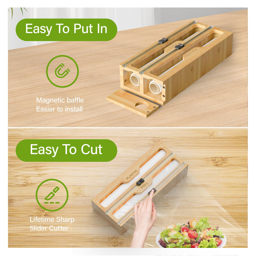 Bamboo Bag Storage Organizer - 2 Wrap Dispenser with Cutter & 4 Slots Food Storage Bags Container - Kitchen Drawer