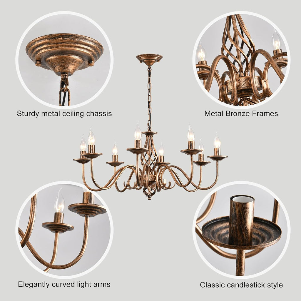 Rustic 8-Light Chandeliers, Antique Bronze Candle French Country Chandelier, Vintage Iron Pendant Hanging Ceiling Light Fixture for Farmhouse Living Room Kitchen Dining Room Foyer A109-B0DSB6Y38V
