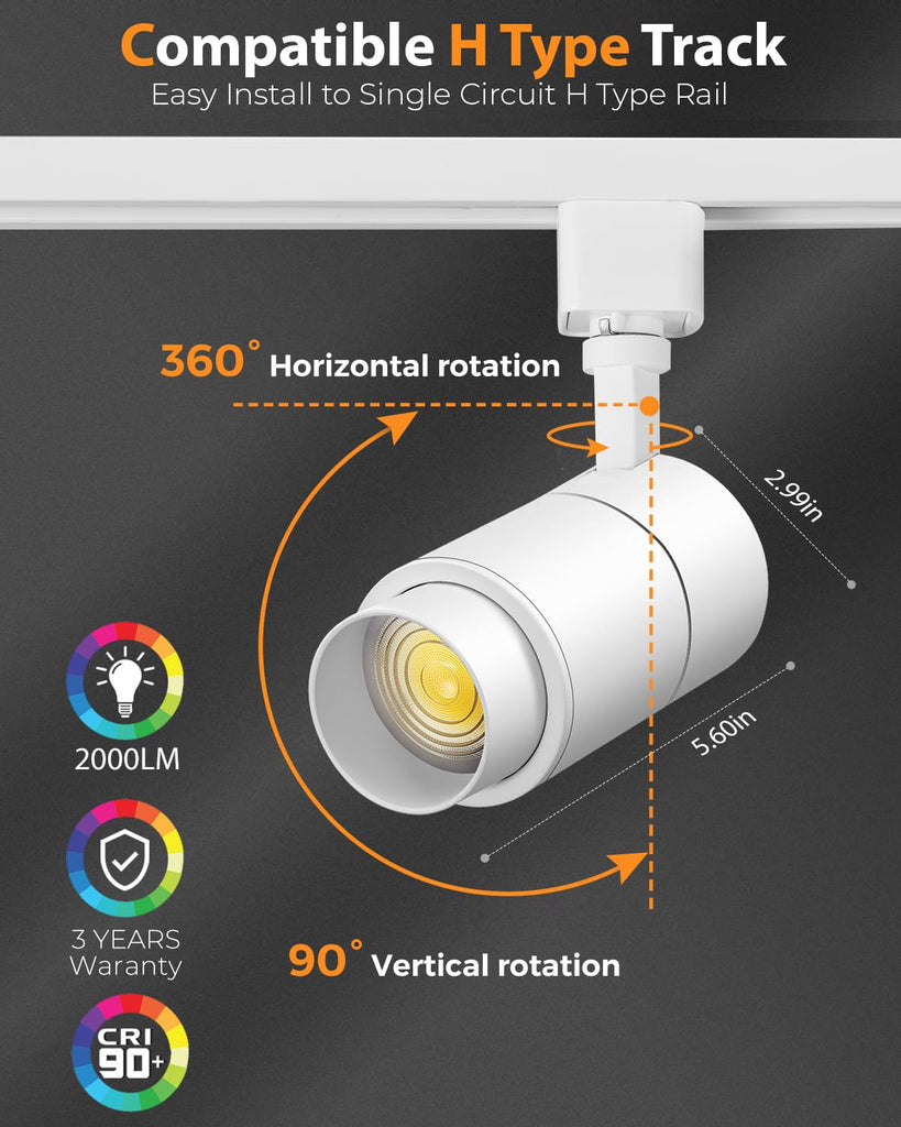 Zoomable 20W LED Track Lighting Heads H Type, White 3 Pack