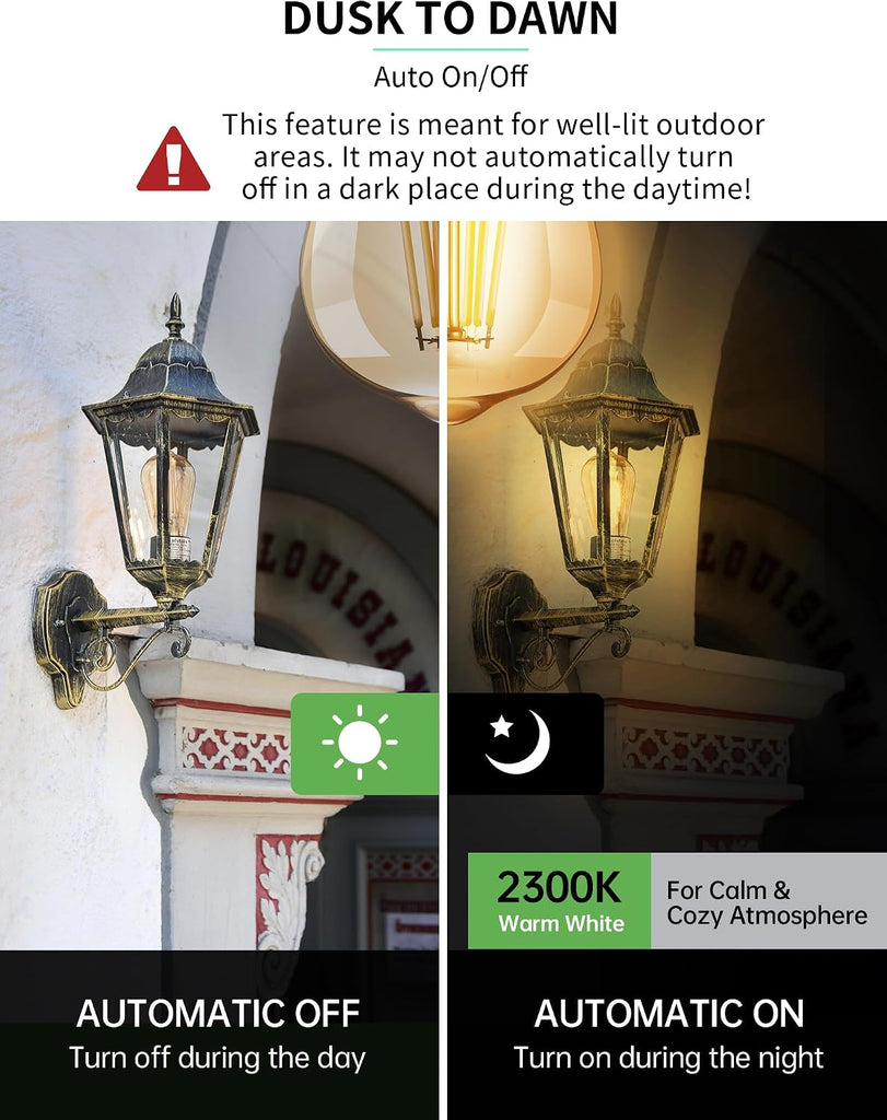 Dusk to Dawn Light Bulbs, Auto On/Off Light Sensing LED Bulbs Outdoor, Vintage Amber, Edison ST19 6-Pack, 6.5W 700LM
