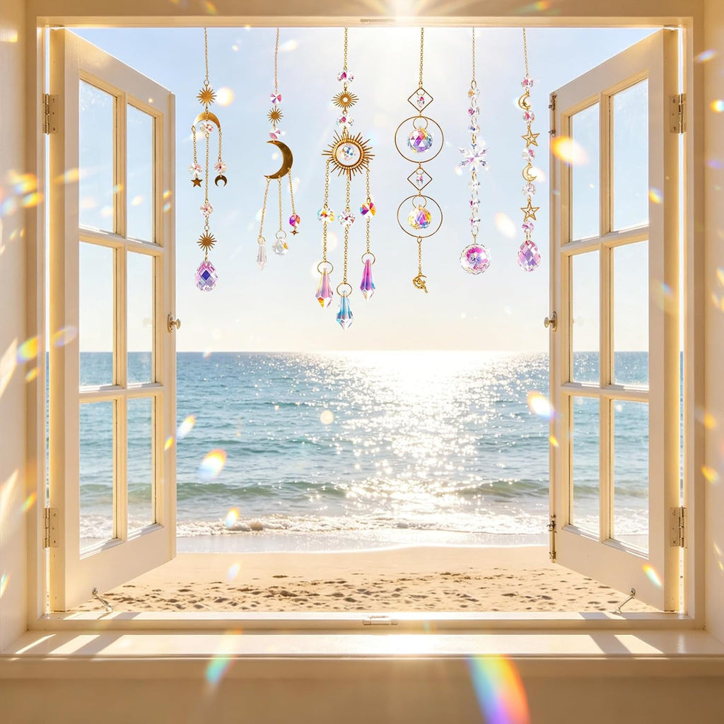 6 Pack Crystal Suncatchers for Window, Rainbow Prism Hanging Decor - Sun Catchers Indoor Hanging Decor with Sun Moon