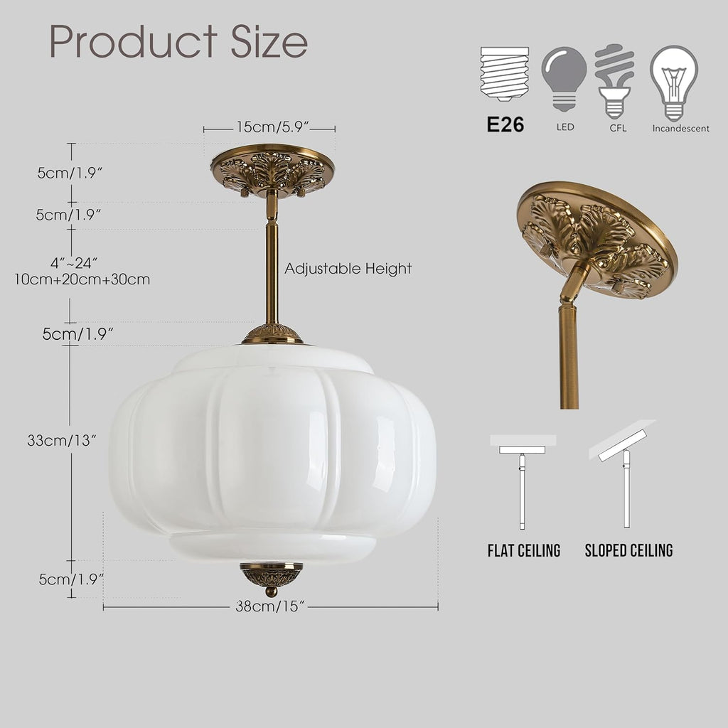 Milk Glass Ceiling Light Fixture, 15" Vintage Semi Flush Mount Pendant Light with Antique Brass Finish, Schoolhouse