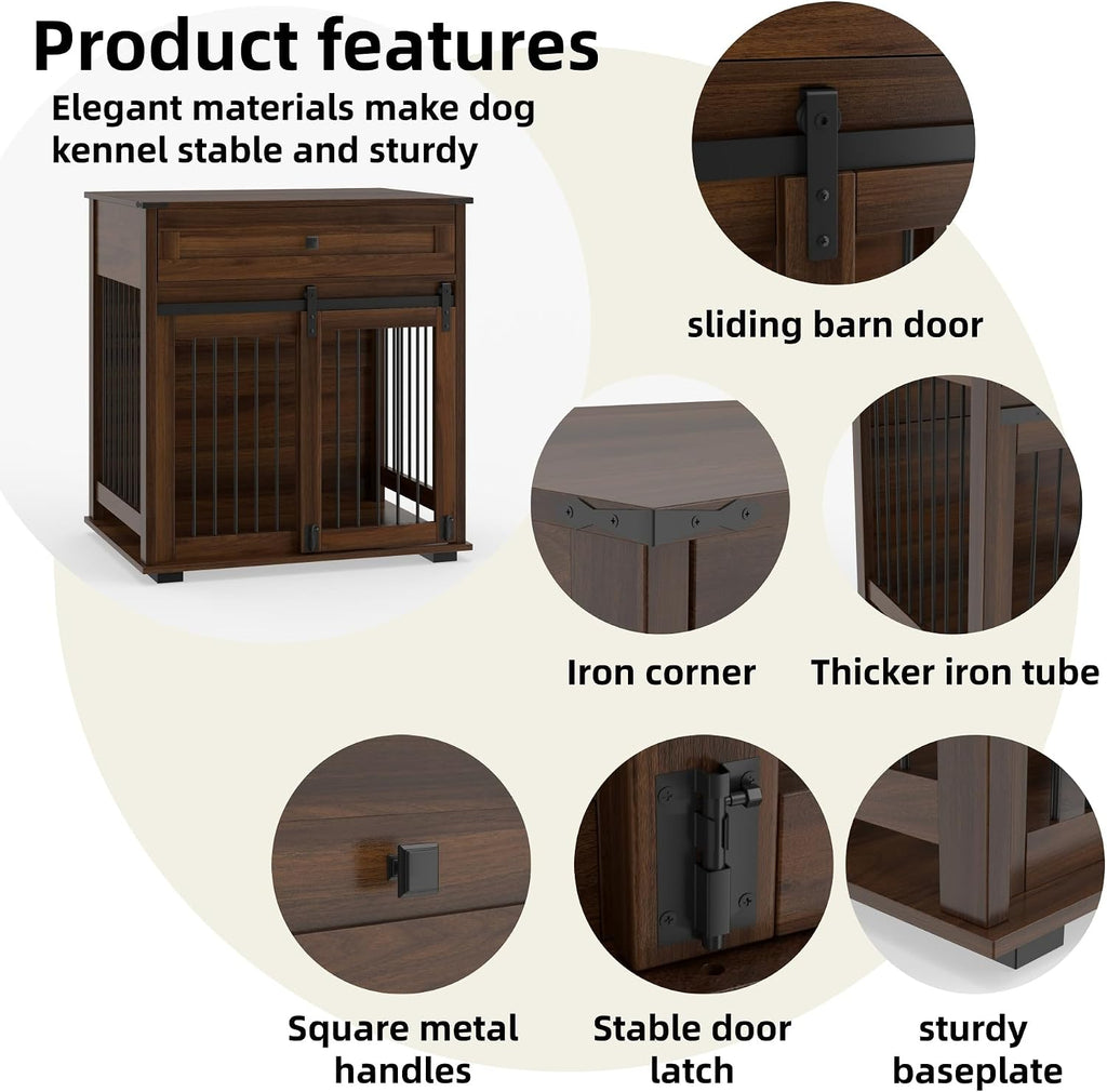 Wooden Dog Crate Furniture with Sliding Barn Door & Drawer, Walnut