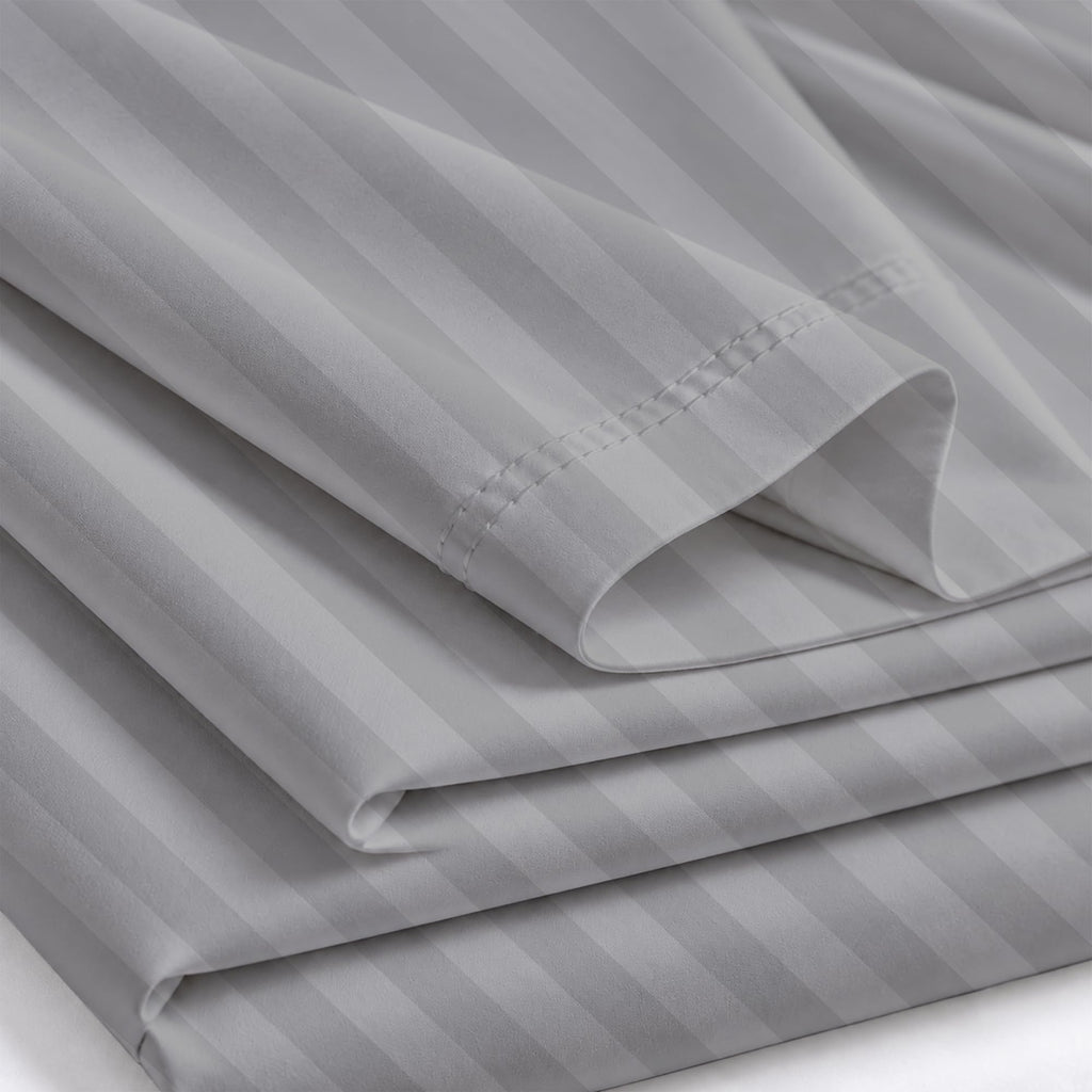 Queen [21"] Bed Linen Set, 600 Thread Count Egyptian Cotton, 6 Piece Striped Sheet Set, Light Grey Stripe, Deep