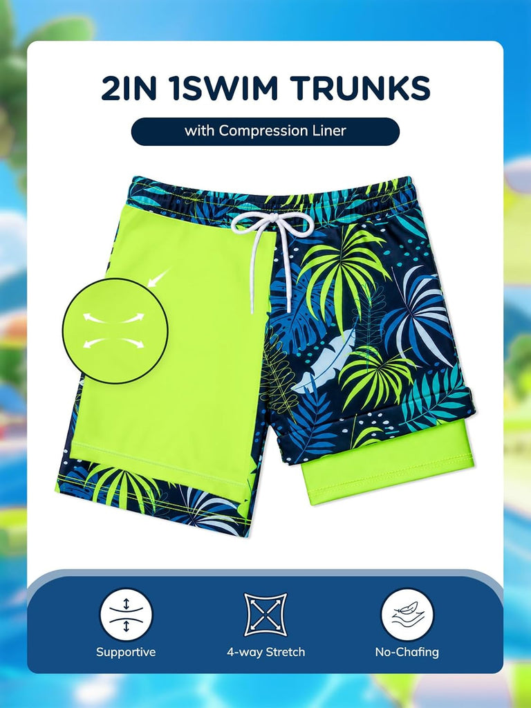 Boys Swim Set Long Rash Guard Shirt Compression Liner Swim Trunks
