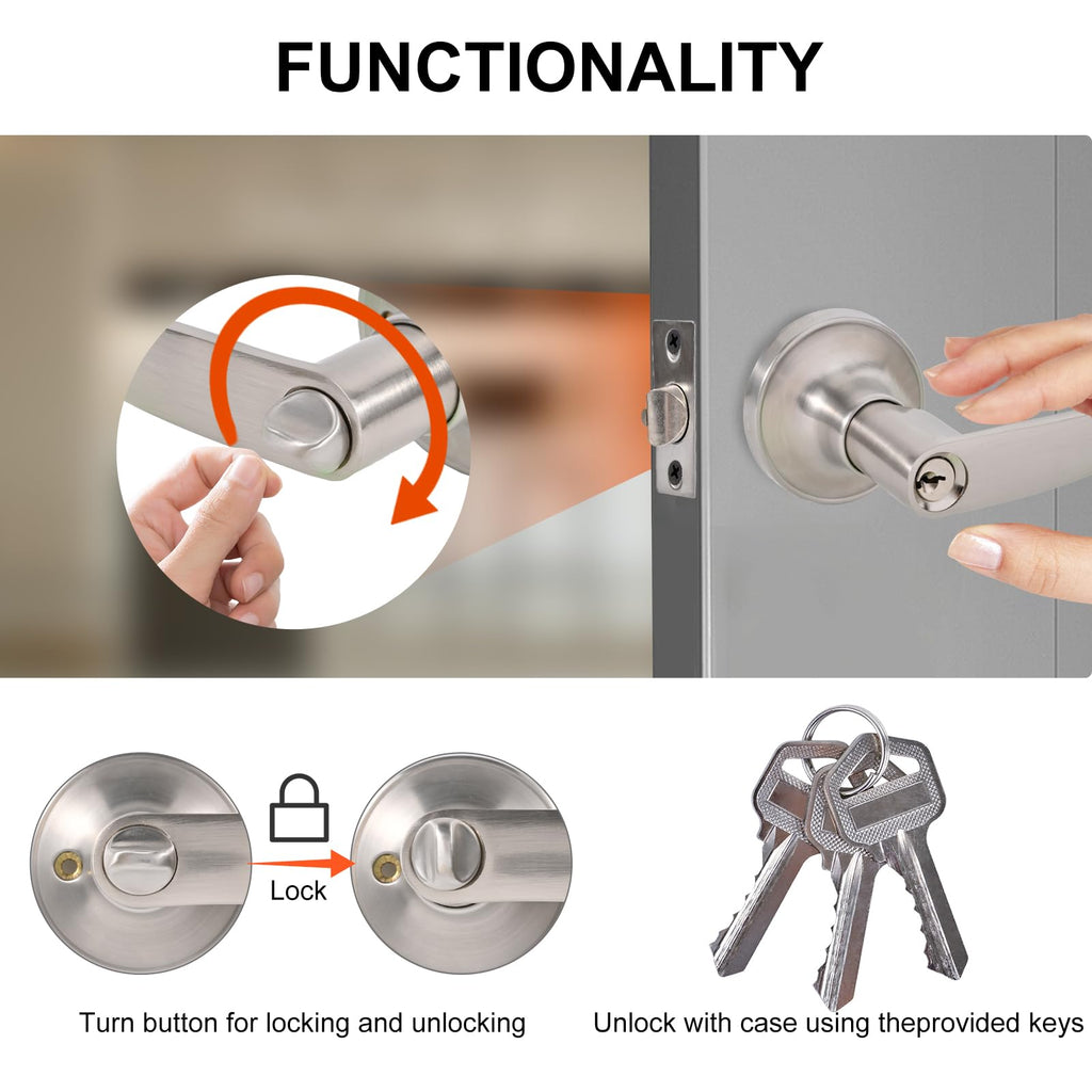 High-Security Stainless Steel Door Lever with Lock and Key,Silver
