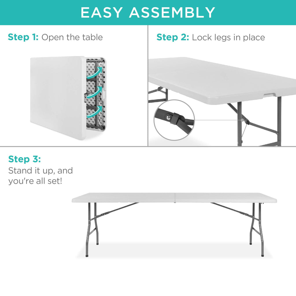 8ft Plastic Folding Table, Indoor Outdoor Heavy Duty Portable w/Handle, Lock for Picnic, Party, Pong, Camping - White
