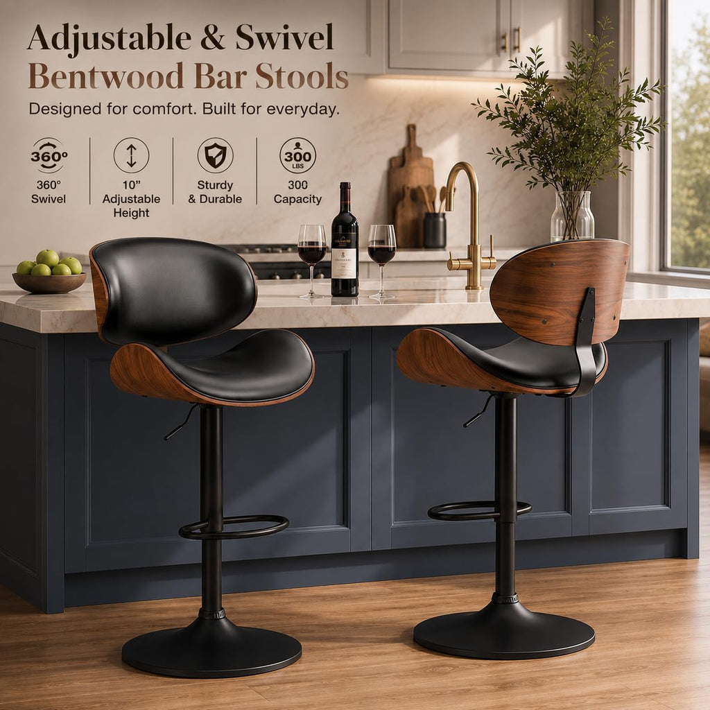 Bentwood Swivel Bar Stools Set of 2, Adjustable, Matte Black