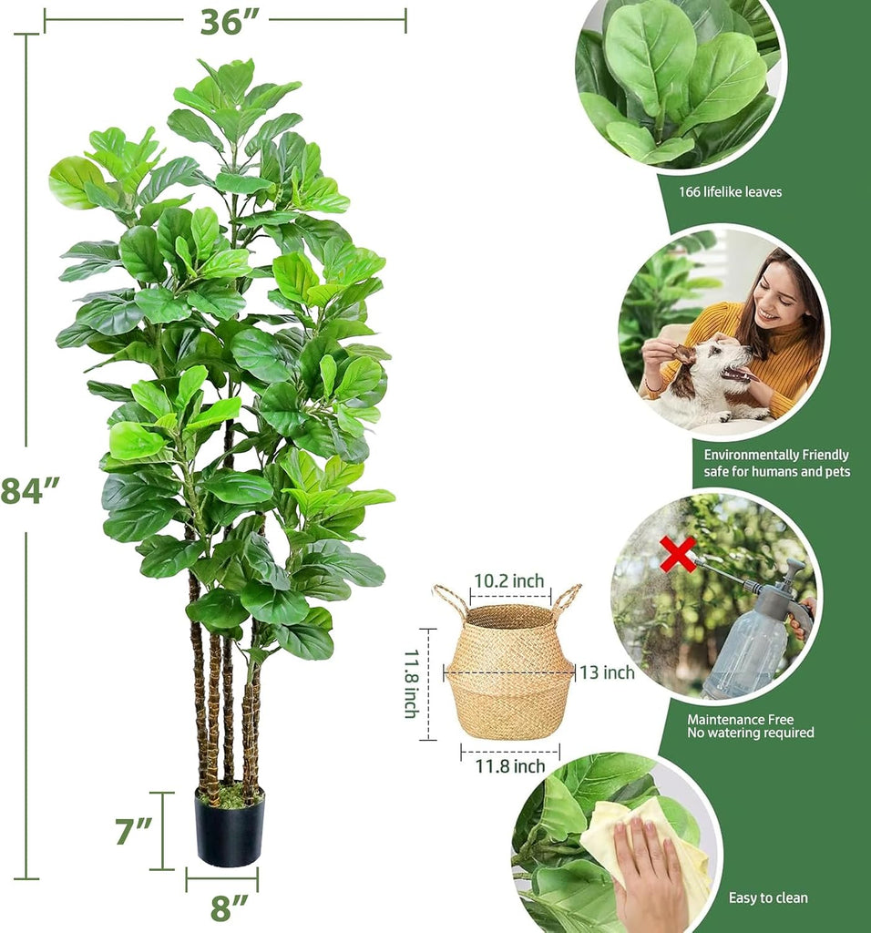 Artificial Fiddle Leaf Fig Tree,7 FT Tall Artificial Tree with Woven Seagrass Plant Basket Fake Floor Plant in Pot