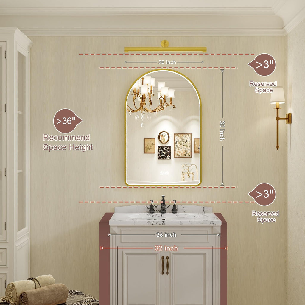 20x30 Inch Gold Framed Arched LED Mirror,3 Color
