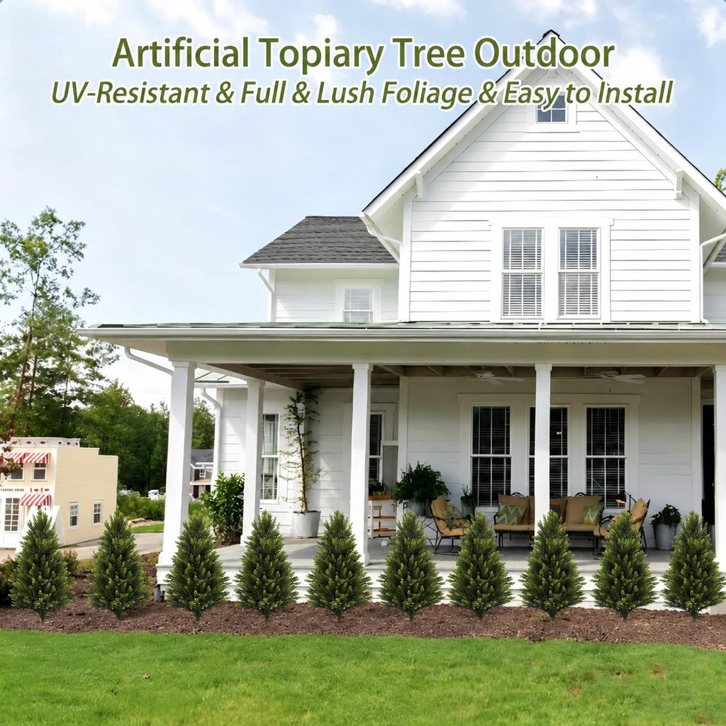 4 Pack Artificial Cedar Topiary Trees Plants Outdoor, 20" Faux Evergreen Pine Shrubs & Fake Bushes with Spikes, UV