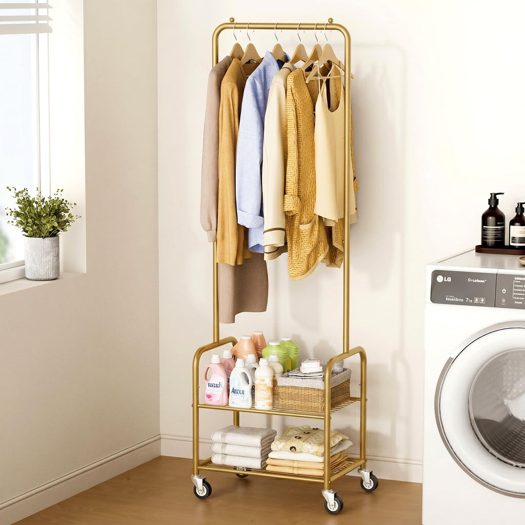 Small Clothes Rack with Shelves, Metal Sturdy Rolling Clothing Racks for Hanging Clothes, Portable Garment Rack with
