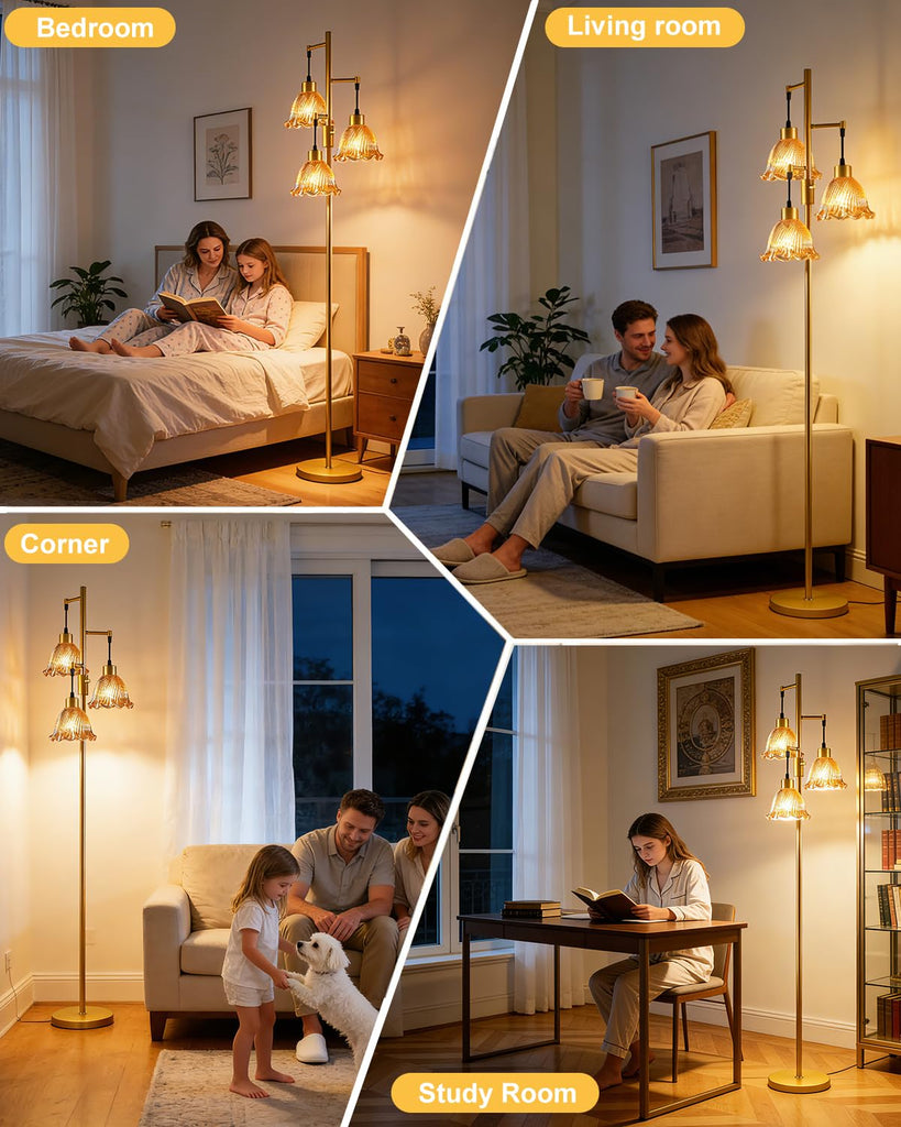 Amber Flower Glass Floor Lamp 3-Light Dimmable Gold Floor Lamps
