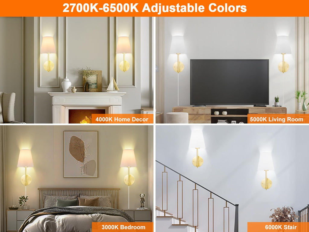 Wall Sconces Set of Two with Remote Control, Dimmable, Adjustable Colors 2700-6500K, Plug in Wall Sconces with White