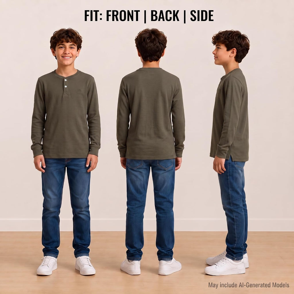 Boys Long Sleeve Thermal Henley, Fleece Waffle Knit