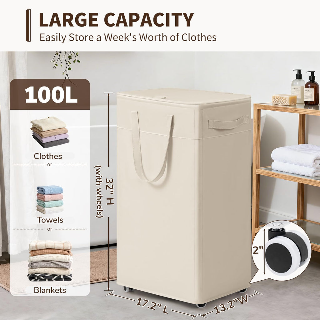 100L Large Rolling Laundry Basket with Wheels and Lid, White