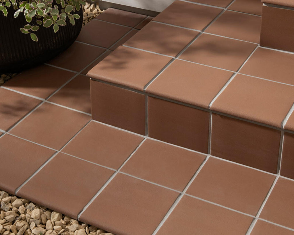 6x6 Colonial Red Smooth Quarry Bullnose Tile - Rounded Edge Ceramic Trim for Commercial Kitchen, Restaurant, Stair &