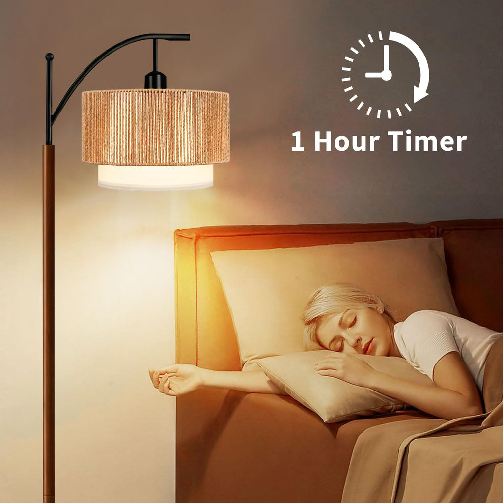 Arc Black Floor Lamp Bedroom with Remote, Rattan Boho Floor Lamps with 3 Color Temperatures, Rustic Standing Lamp with