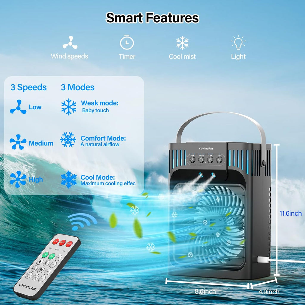 Portable Air Conditioner Cooling Fan with Remote, Quiet with 3 Speeds, 1200ml Personal Air Cooler Fan with 3 Mist