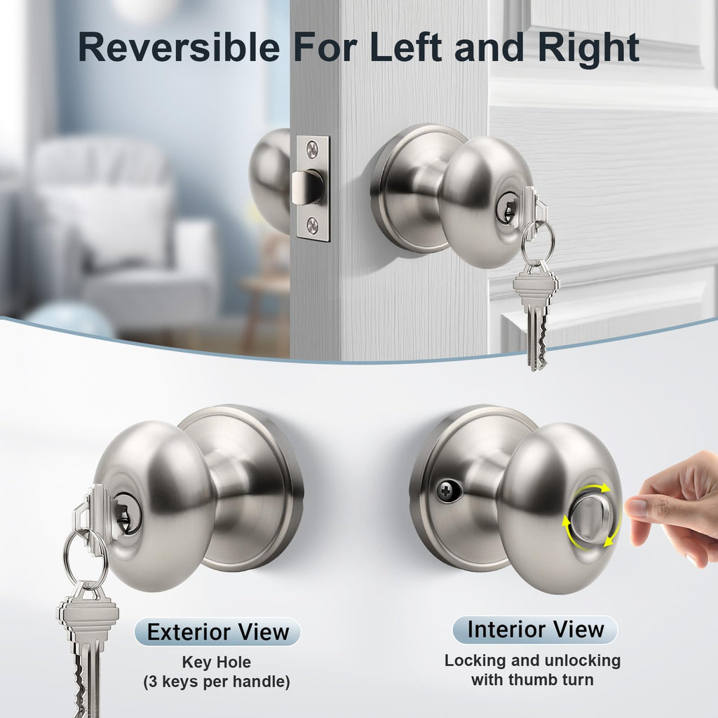 6 Pack Brushed Nickel Door Knob with Lock and Key, Egg Shaped Oval Door Knob Keyed Alike Doorknob /Bathroom/Office