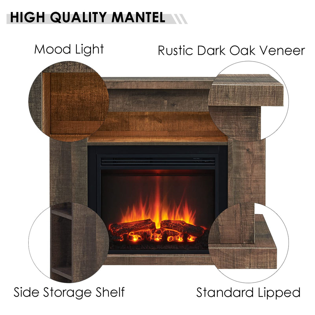 LegendFlame Barron Electric Fireplace with 43" Storage Shelf Mantel Surround and Jaden 23" Insert, Rustic Dark Oak