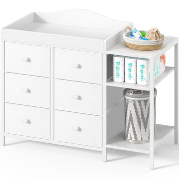 Baby Dresser with Changing Table Top, White Changing Table Dresser with 6 Fabric Drawers Diaper Changing Station with