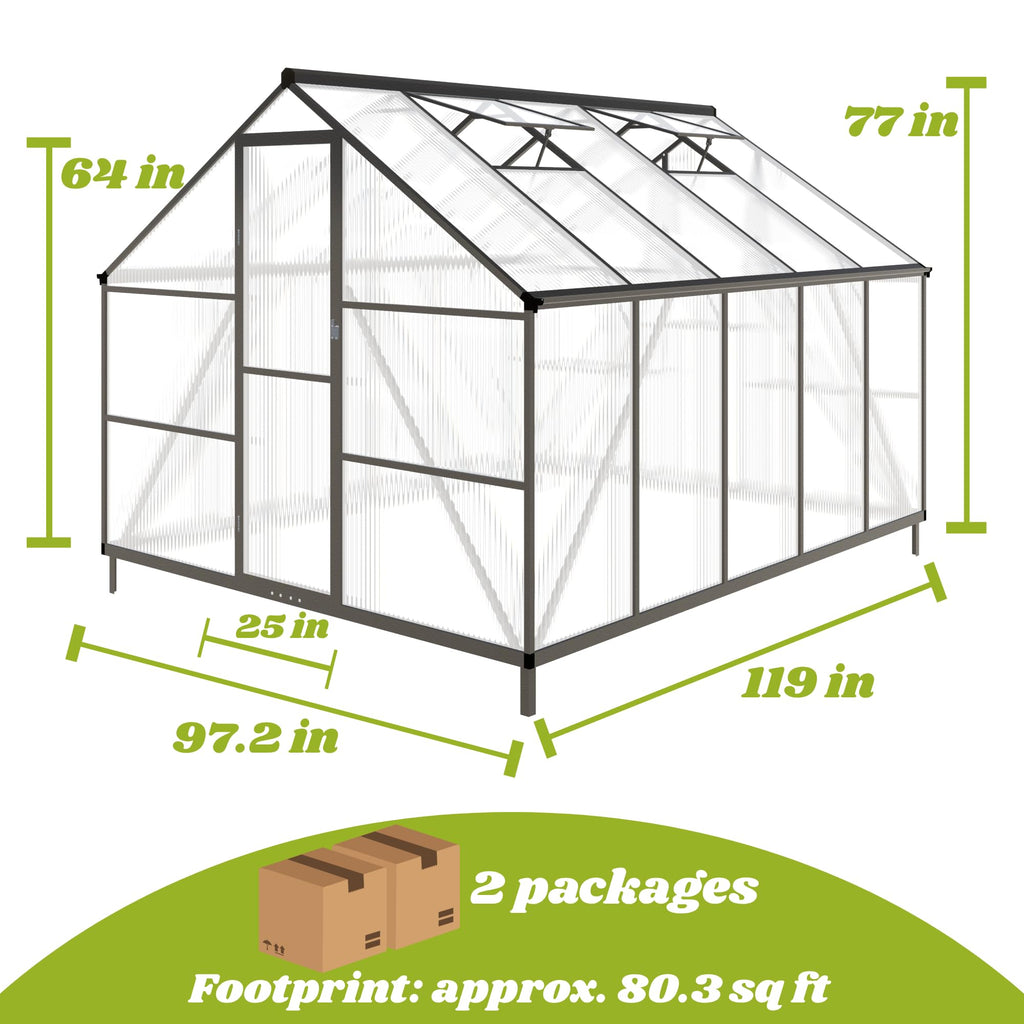 8 x 10 FT Outdoor Polycarbonate Greenhouse, Charcoal Black