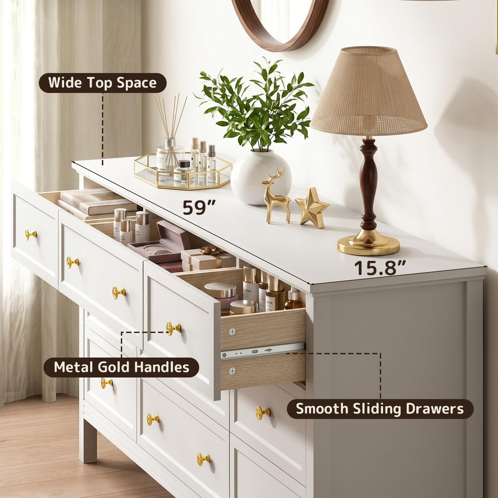 59" White with 9 Drawer & Modern Gold Handles