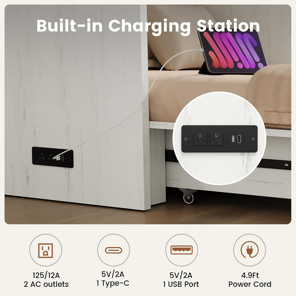 Queen Murphy Bed with 4" Trifold Mattress, Farmhouse Murphy Cabinet Bed with Storage Drawers, Charging Station &