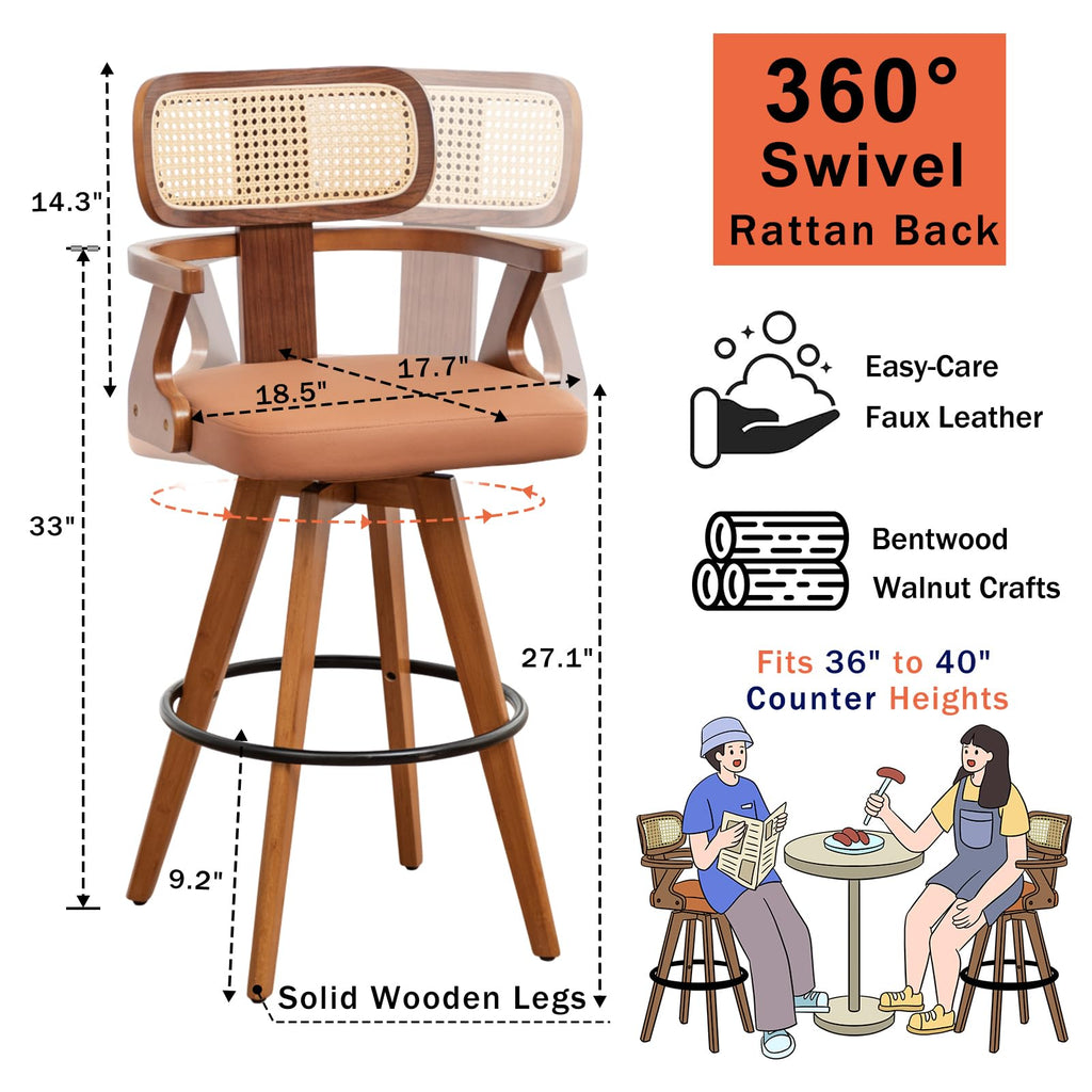 Mid Century Modern Counter Stools, Walnut Counter Stools with Cane Back