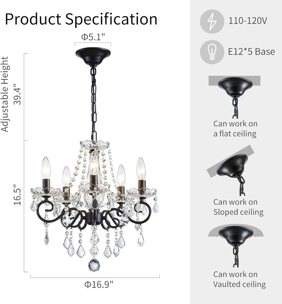 Small Crystal Chandelier, Modern Black Chandelier Dining Room Light Fixture, Mini Crystal Pendant Light for Bedroom Ceiling Light Fixture for Living Room Entryway Kitchen Island Hallway A110-B0DYDGCS4W
