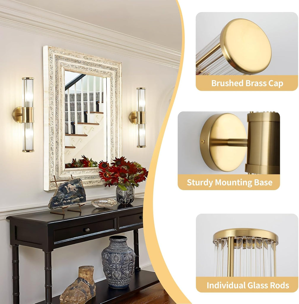 Brushed Brass Vanity Light Fixture 1 Pack, Dual Glass Rods Wall Sconce , Double Light Socket E12 Candelabra Base