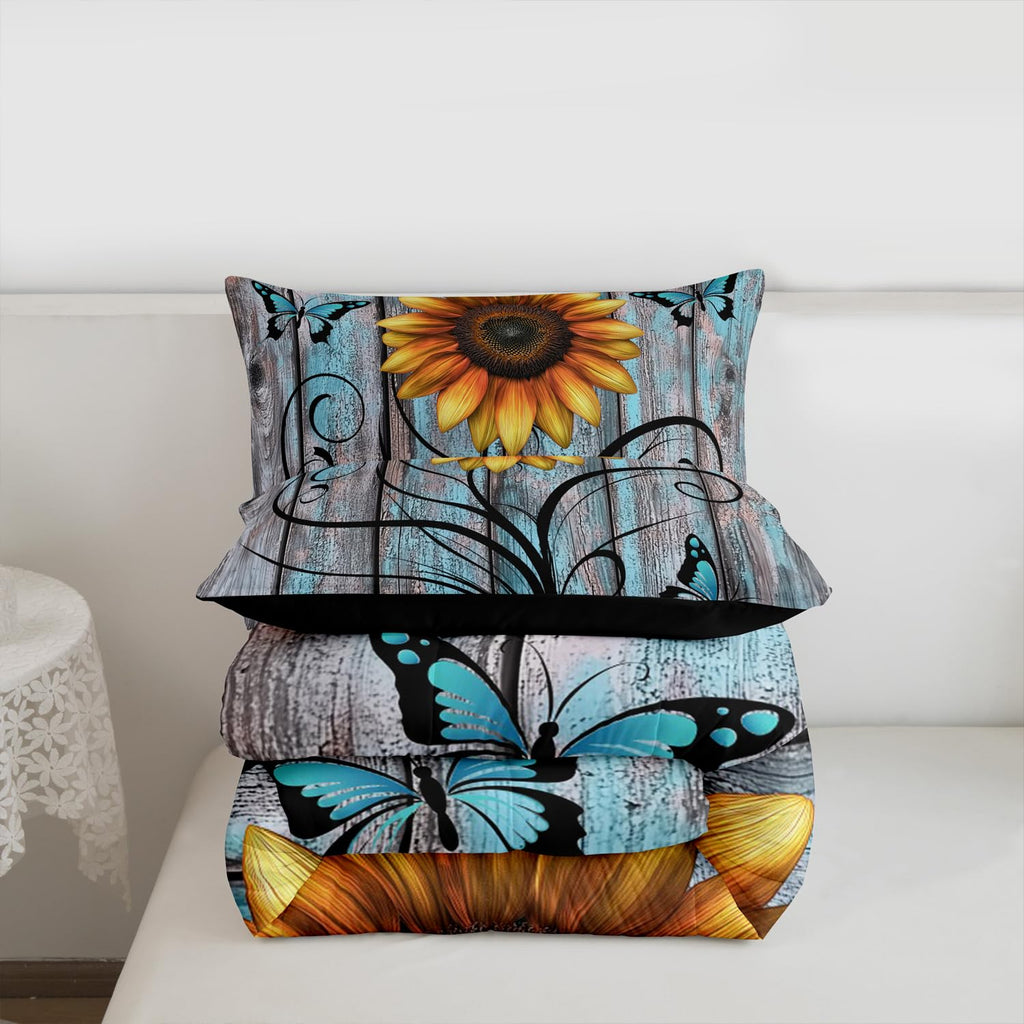 Yellow Sunflower Comforter Set, Butterfly Bedding Set Rustic Farmhouse