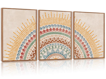 Boho Sun Framed Canvas Wall Art Set, (Set of 3, 12X16 Inch) Mid-Century Modern Wall Decor, Minimalism Bohemian Wall